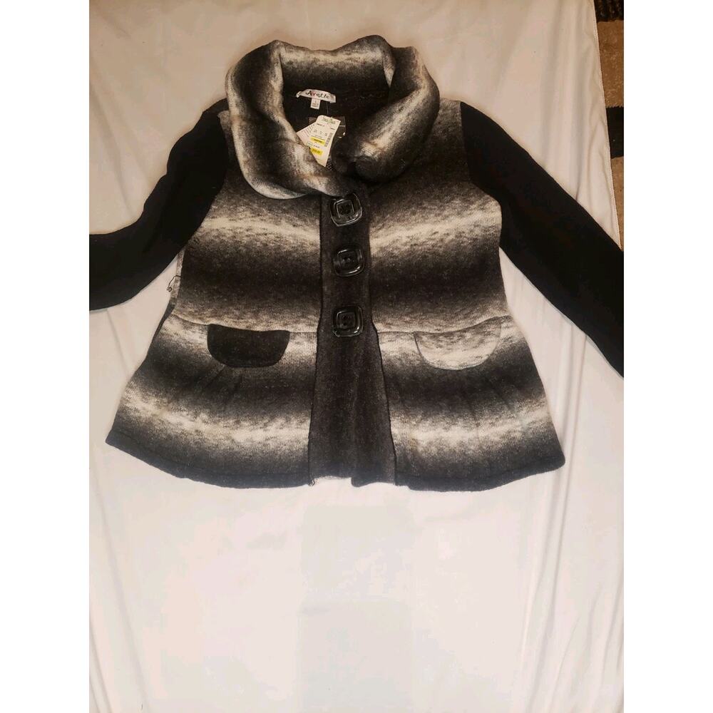 Avette Vintage Black & White Mohair Blend Button Cardigan Women's Size Large NWT